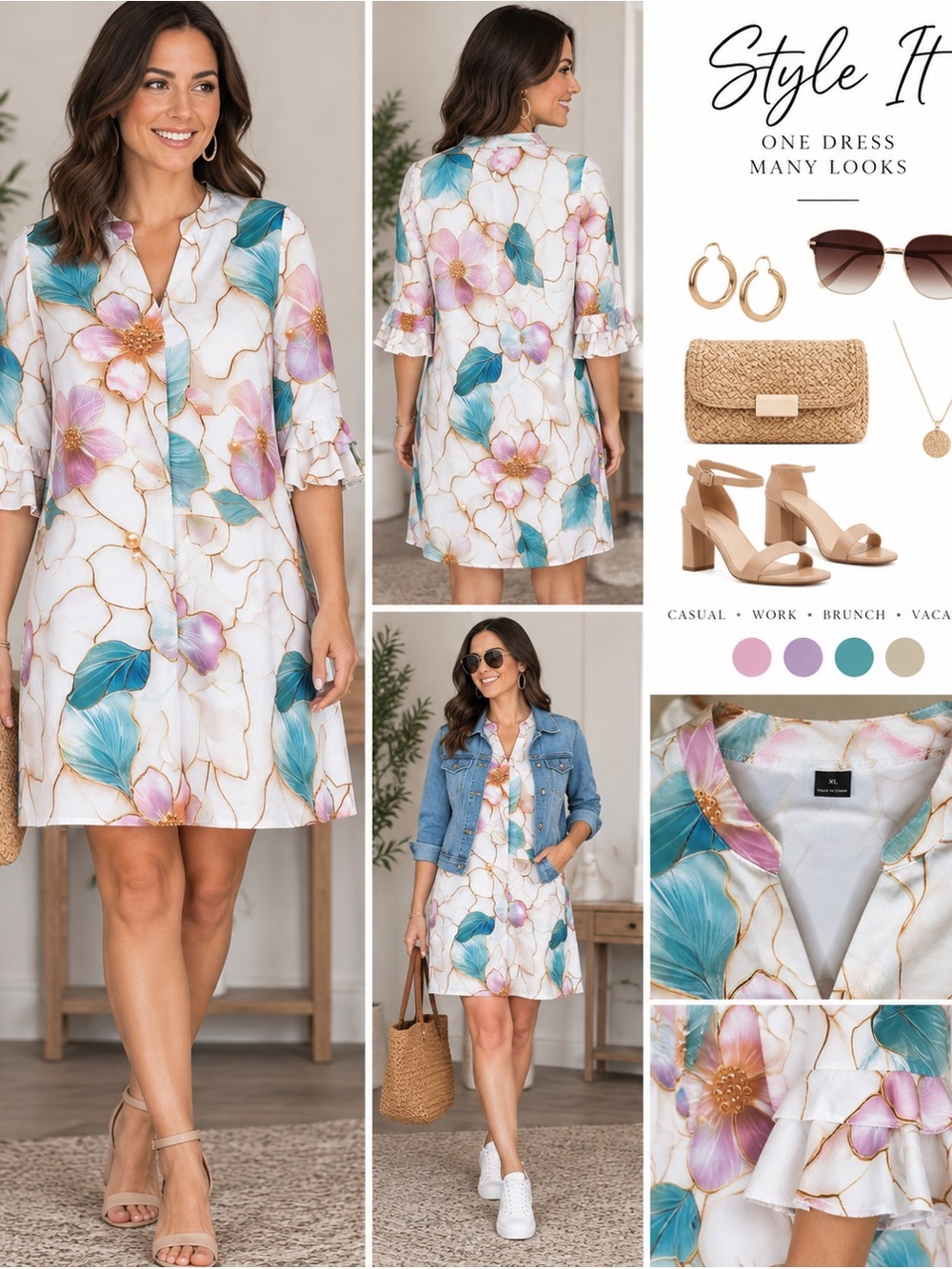 SHEIN White Floral V-Neck Mini Dress with Teal & Pink Blooms